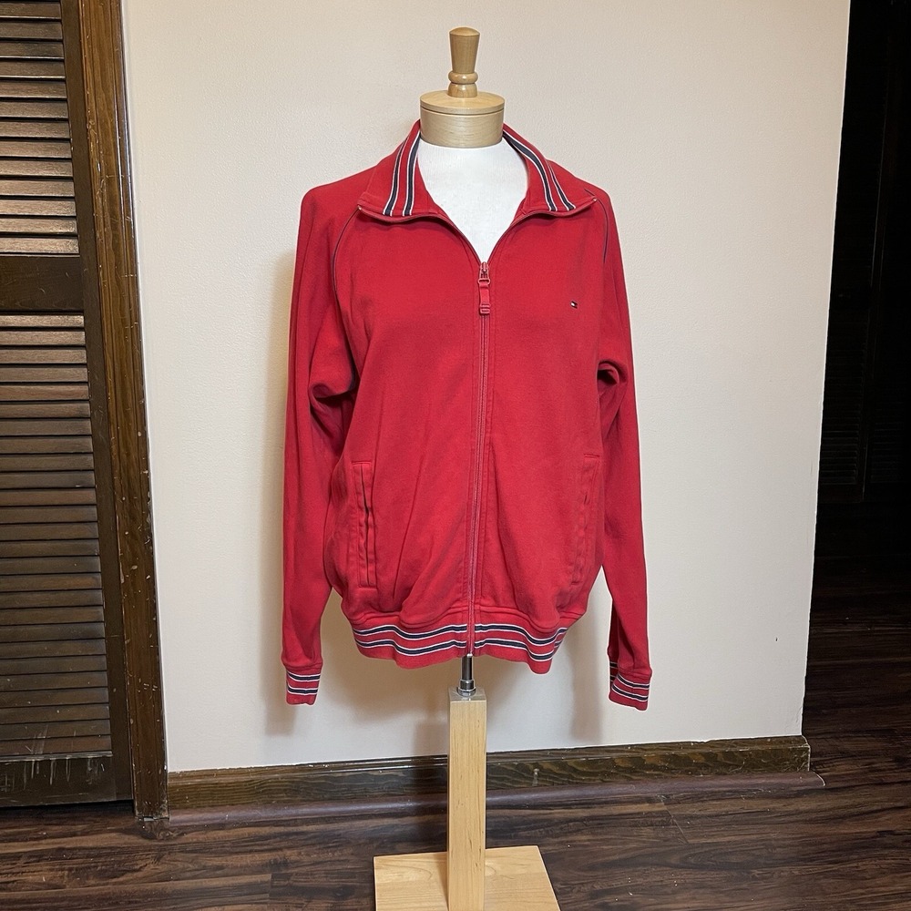 Tommy Hilfiger Mens Red Full Zip Track Jacket Mock Neck Striped Trim Size Medium